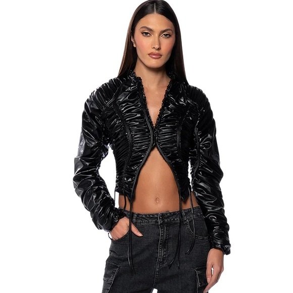 Akira, Black INTO THE MATRIX FAUX LEATHER RUCHED BLOUSE Jacket, Size M - Picture 2 of 8
